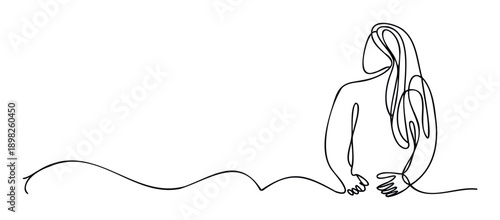 A minimalist continuous line drawing depicting a serene woman with long hair looking away, ideal for modern branding, wellness content, or elegant print materials.
