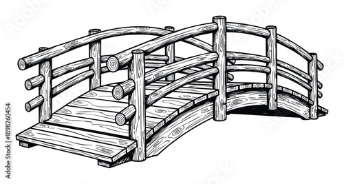Detailed line drawing of an arched wooden garden bridge featuring log railings and plank flooring, ideal for landscape design, park scenery, or outdoor architectural concepts.