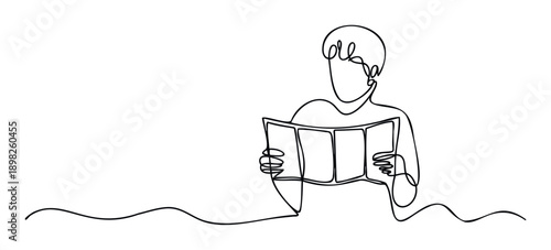 A person engaged in reading a document with focused attention, rendered in a continuous single line style, suitable for educational content, communication layouts, and minimalist visual