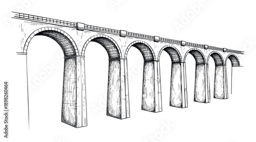 Hand drawn architectural sketch of a long multiarched viaduct bridge structure with tall piers, perfect for historical engineering studies, infrastructure project visuals, and travel