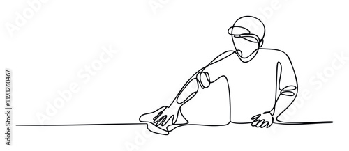 A minimalist continuous line drawing depicting a person wearing a cap, seated and engaged in an activity like cleaning or wiping a surface, perfect for contemporary graphic presentations,