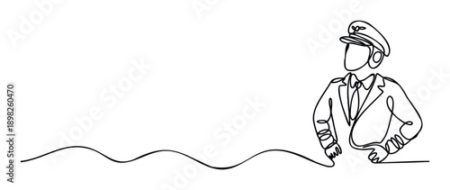 Continuous one line artwork portraying a pilot with a uniform and cap, perfect for representing flight, travel, and professional aviation careers in various media.