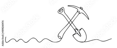 Simple line drawing of a crossed pickaxe and shovel representing hard work and excavation, suitable for construction industry graphics or manual labor concepts