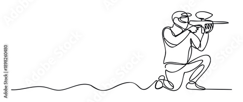 Single continuous line drawing of an actionoriented paintball player in a kneeling position holding a marker, perfect for promoting extreme sports events and team building activities