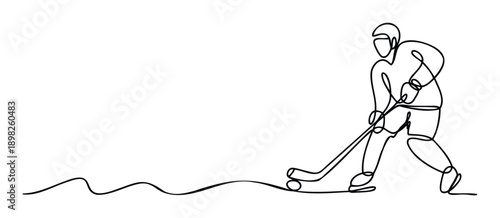 A dynamic single continuous line drawing captures an ice hockey player skillfully stickhandling a puck, perfect for sports branding, marketing, and athletic event promotion.