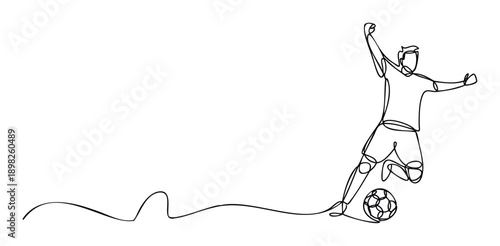 Dynamic single line drawing of a male soccer player vigorously kicking a football, perfect for sports event advertisements, athletic branding, or engaging marketing materials.
