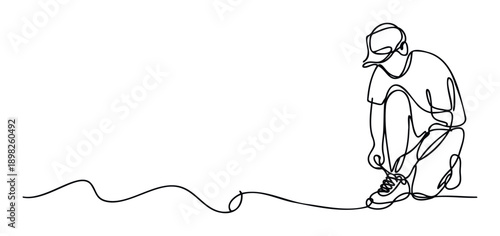 A continuous oneline drawing of a person in a cap and sneakers bending down to tie shoelaces, symbolizing preparation and an active healthy lifestyle for sports, fitness, or general