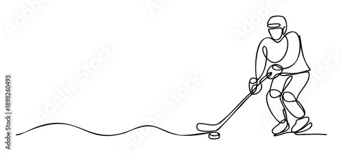 Dynamic single line drawing of an ice hockey player in action with a puck and stick, perfect for sports event promotions, team logos, athletic apparel, and winter sports advertisements