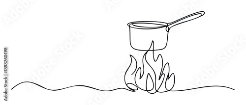 Continuous single line drawing of a saucepan being heated over flames, perfect for culinary blogs, restaurant menus, cooking class promotional materials, or kitchen decor.