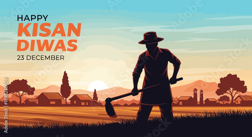 Farmer Silhouette with Hoe at Sunset.