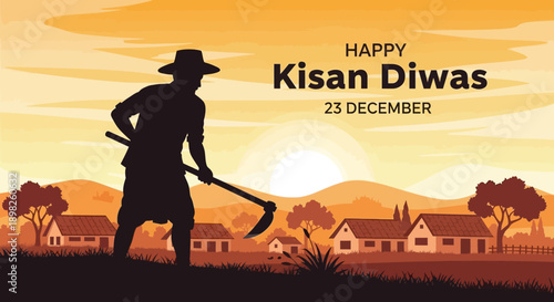 Farmer Silhouette with Hoe at Sunset.