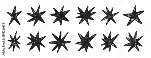 Hand drawn textured black stars set grunge line art design