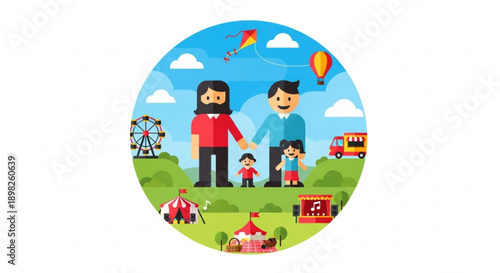 Happy family enjoying outdoor leisure activities together in a park with kids and carnival attractions