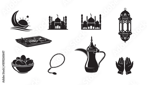 Islamic Icons Collection: Mosques, Dates, Ramadan Lantern, Dallah, Prayer Beads, Hands