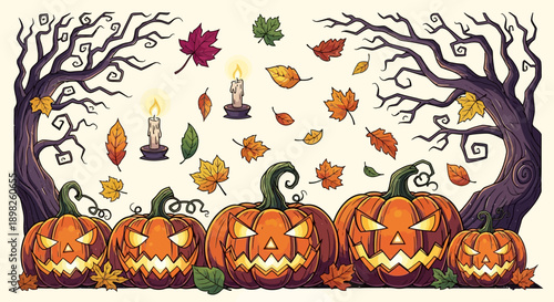 Five Carved Pumpkins with Scary Faces.