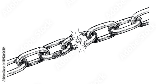Symbolic image of a broken chain link and a reinforced link, representing weakness, crisis, and the need for strengthening solutions in complex systems or interconnected processes