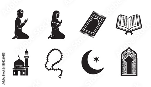 Islamic Icons Collection: Prayer, Mosque, Quran, Crescent Moon, and Prayer Rug - Stock Graphics