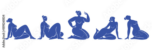Abstract female sitting and kneeling poses expressing body confidence, calm movement and modern femininity