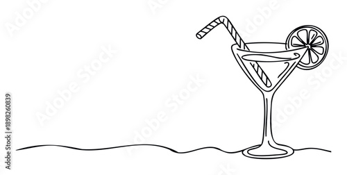 Minimalist one line drawing of a classic martini glass with a citrus fruit garnish and bent straw, ideal for elegant beverage branding or modern restaurant menus.