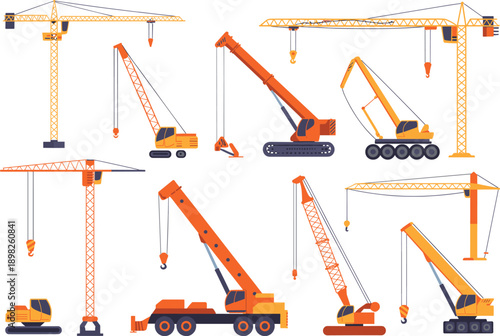 Construction crane machines vector set featuring tower mobile crawler cranes heavy lifting equipment isolated flat illustration for engineering industry