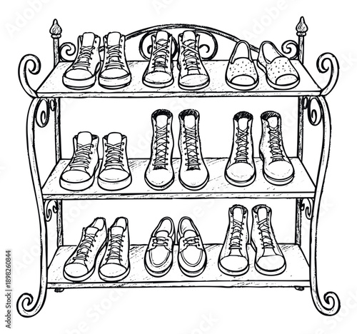 A detailed black and white drawing of a threetier shoe rack holding various types of footwear including sneakers and loafers, ideal for apparel blogs or home organization visuals.