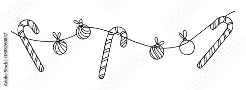 Simple line drawing of festive Christmas garland featuring classic striped candy canes and hanging round holiday ornaments perfect for seasonal celebrations and winter events