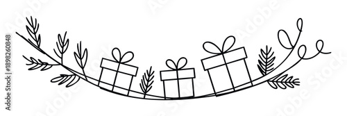 Minimalist black outline drawing featuring a curved decorative line adorned with gift boxes and various foliage, perfect for holiday greetings, party invitations, or elegant event