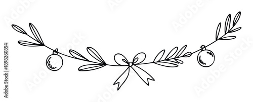 Hand drawn festive garland with delicate leaves, decorative bow, and hanging ornaments perfect for holiday greeting cards, party invitations, or elegant celebration designs