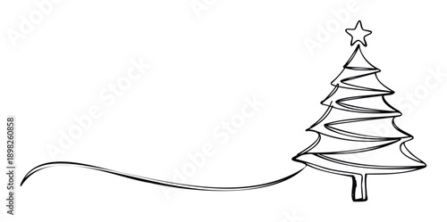 A festive continuous line drawing of a Christmas tree adorned with a star and an elegant swooping line suitable for seasonal greeting designs, holiday invitations, and celebratory event