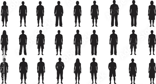 Silhouette grid of diverse human figures representing individuality, diversity, community, and social identity in modern society, isolated black silhouettes on white background illustration