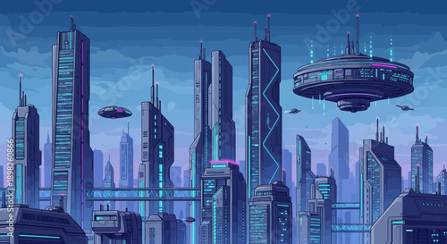 Futuristic Cityscape with Skyscrapers and Airships.