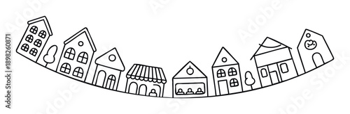 Curved streetscape featuring cute neighborhood buildings, diverse architectural styles, and small trees, ideal for urban planning visuals, real estate presentations, or storybook