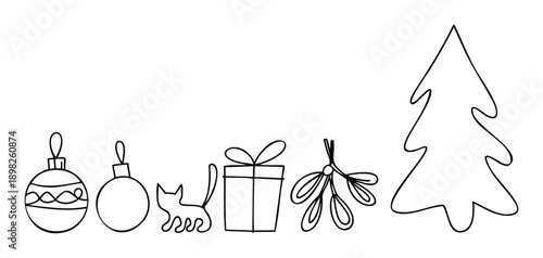 Collection of festive holiday decorations including Christmas tree, ornaments, gift, mistletoe, and a cat, perfect for seasonal greetings and winter projects