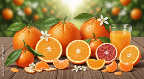 Fresh Oranges and Orange Juice on Table.