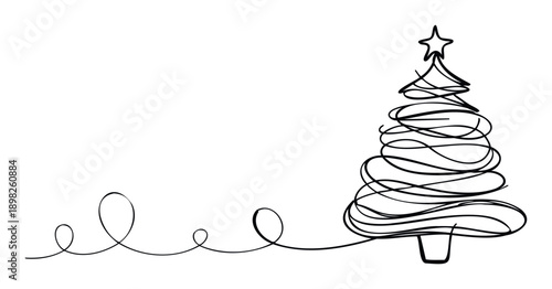 Minimalist continuous line drawing of a festive Christmas tree with a star on top, perfect for holiday greetings, winter season invitations, and celebratory event decorations.