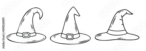 Set of three hand drawn witch hats in a doodle style perfect for Halloween holiday decorations, spooky party invitations, or magical themed graphic projects