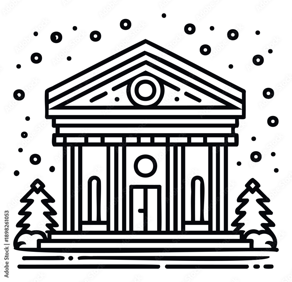 Obraz premium Minimalist black line art depiction of a grand classical building with columns and a pediment, surrounded by falling snow and pine trees, ideal for seasonal greetings, winter holiday