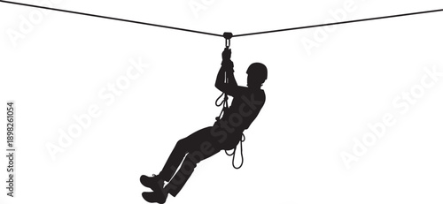 Silhouette of adventurous person zip lining outdoors on cable with harness and pulley system, extreme sport activity in nature, recreational adventure tourism concept background