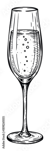 Classic elegant champagne glass drawing depicting a bubbly sparkling beverage, perfect for celebration announcements, beverage menus, holiday promotions, or vintagethemed event invitations.