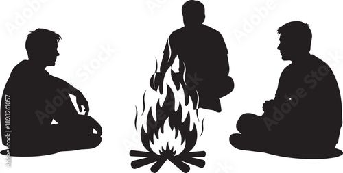 Silhouette illustration of three people sitting around campfire outdoors at night, enjoying warmth, friendship, storytelling, relaxation, camping, adventure, and nature atmosphere together