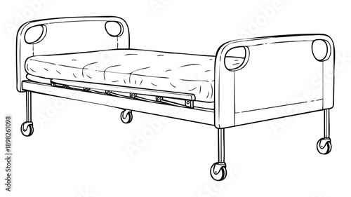 Medical examination bed with adjustable side rails and mobile casters for patient comfort and safety in hospital or healthcare facility environment