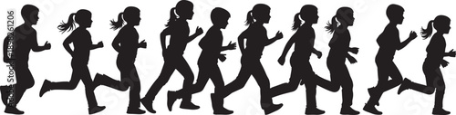 Silhouette of group of children running together outdoors, dynamic motion activity symbolizing childhood energy, fitness, teamwork, play, exercise, health, and development concept illustration 