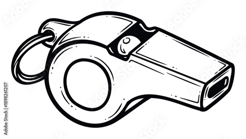 Classic black and white line drawing of a sports whistle with a keyring, perfect for illustrating coaching, refereeing, and general signaling concepts in various media projects.