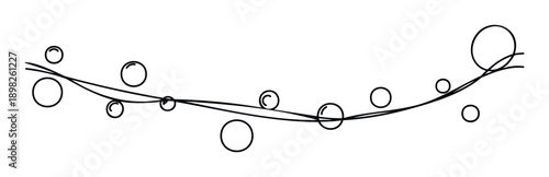 Graceful curved line adorned with various sizes of simple black outlined bubbles creating an elegant graphic design element suitable for event invitations, festive decorations, or abstract
