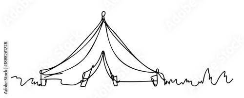 Continuous line drawing of a single outdoor camping tent set up on grassy ground, perfect for adventure travel blogs, wilderness exploration guides, and naturethemed graphic projects