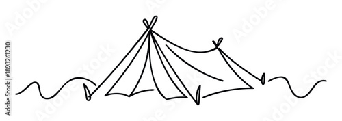 Simple continuous line drawing of two camping tents representing outdoor adventure and travel for use in minimalist websites, blog posts, and holiday promotions