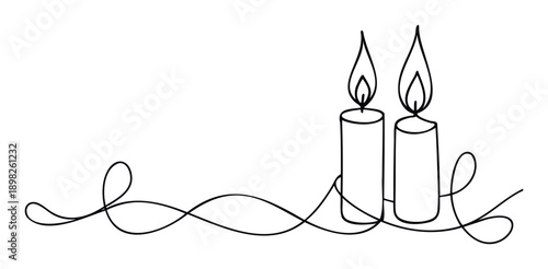 Continuous line drawing of two lit candles connected by a wavy abstract decorative flourish perfect for minimalist holiday greetings, celebration invitations, or spiritual event