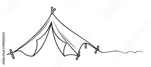 Line drawing of a simple camping tent with ropes and stakes, perfect for outdoor adventure guides, travel brochures, or naturethemed educational materials for various projects