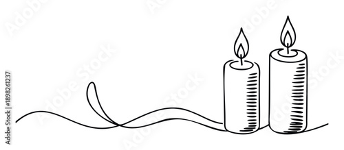 Simple black line drawing featuring two lit candles with a flowing decorative motif, perfect for conveying warmth, celebration, or solemnity on various graphic materials.