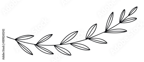 Simple black line drawing of a curved laurel branch with many leaves, ideal for subtle natural adornment, sophisticated event stationery, minimalist logo elements, or peaceful decorative